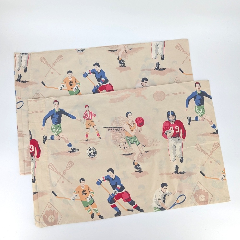 The Company Store Sports Print Pillowcases Vintage Novelty Cotton Standard Set 2